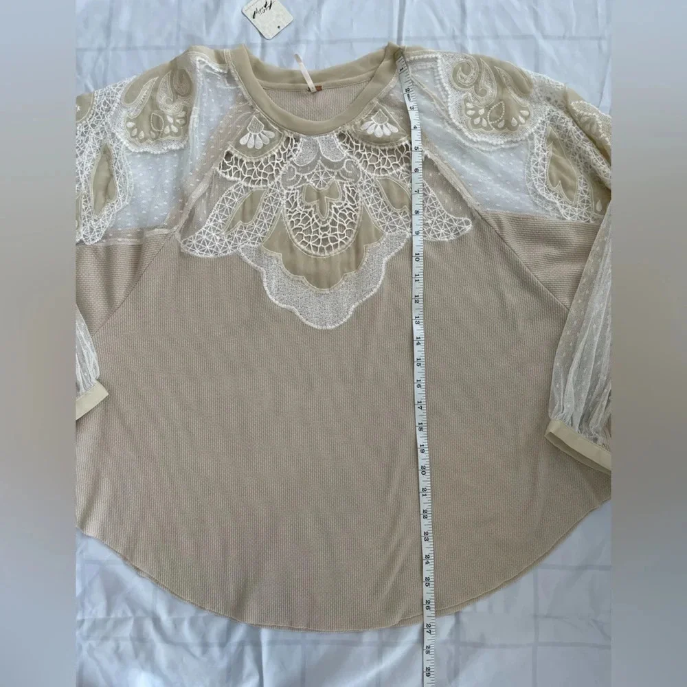 Free People Toni Top Embroidered Lace Long Sleeve Knit in Morning Oat Si…